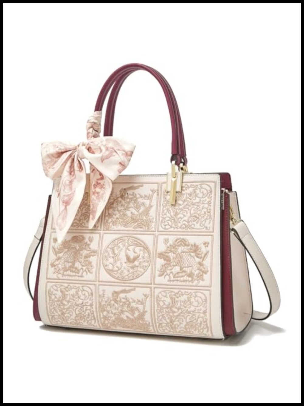 Genuine Leather Vintage Embroidery Satchel Handbag with Floral Pattern